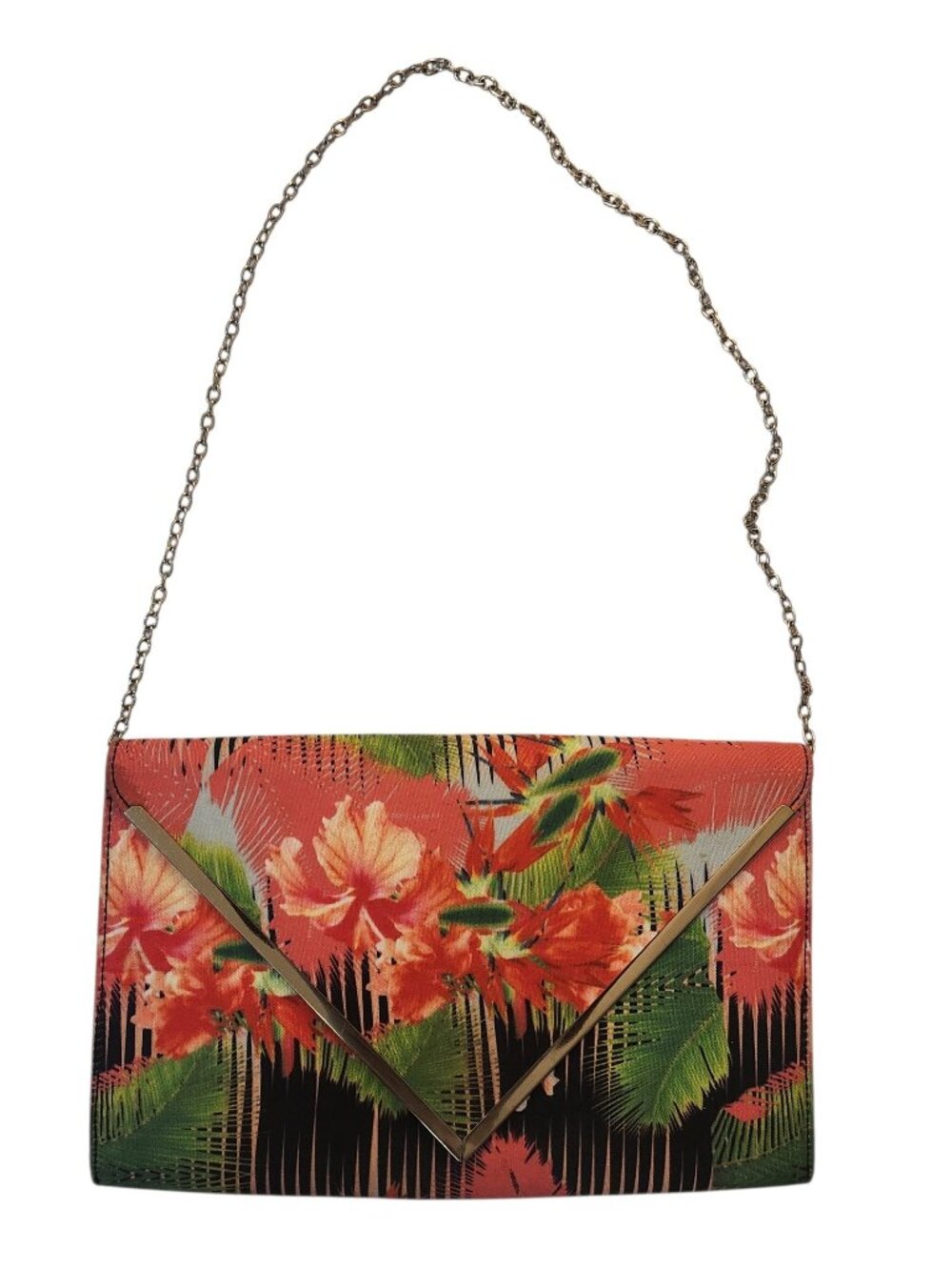 Aldo Tropical Hibiscus Floral Envelope Clutch With Gold Chain Strap Pink Green